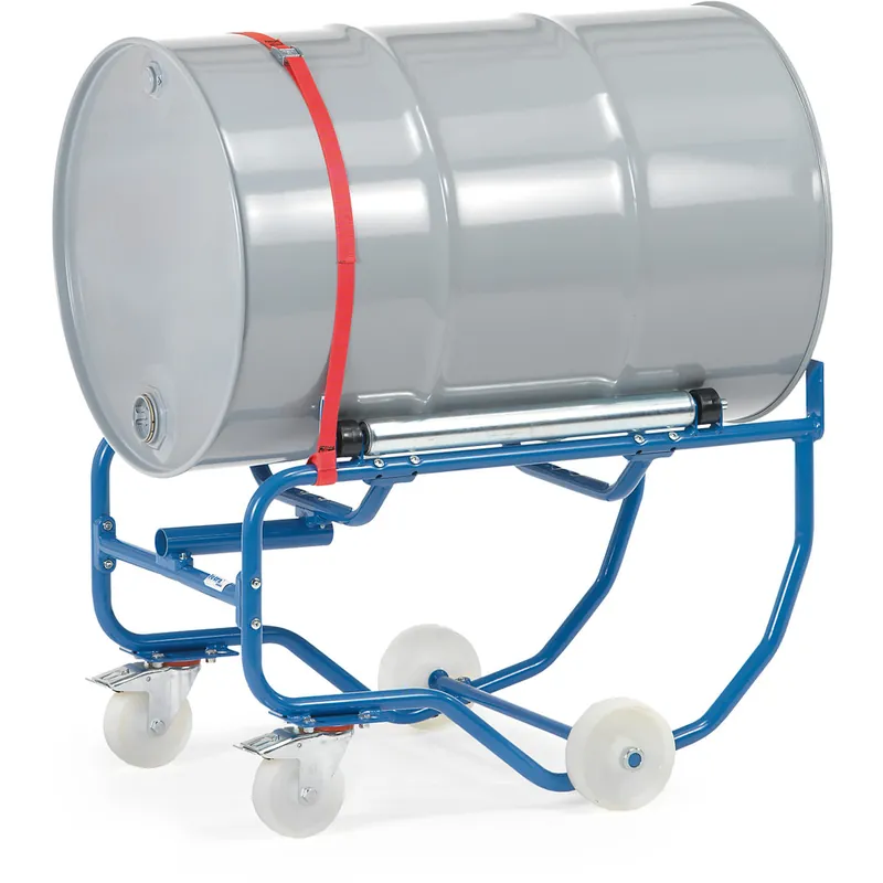 Echt fetra Fasskipper brillantblau RAL 5007 mit Hebelstange und 2 Stahlrollen für 200 Liter Stahlfässer