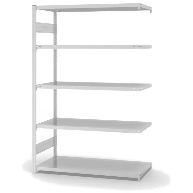 hofe Anbau-Fachbodenregal für Beidseitige Nutzung - Stecksystem ORION PLUS - Fachlast 190 kg - H2000 B1300 T600 mm - RAL7035 Lichtgrau Highlight