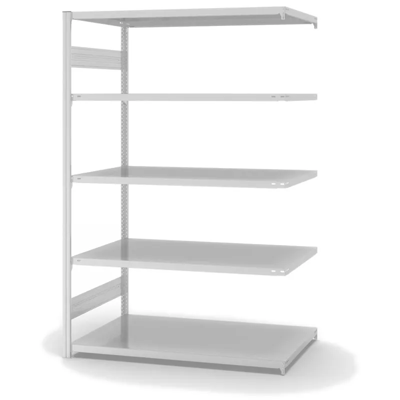hofe Anbau-Fachbodenregal für Beidseitige Nutzung - Stecksystem ORION PLUS - Fachlast 190 kg - H2000 B1300 T800 mm - RAL7035 Lichtgrau Abverkauf