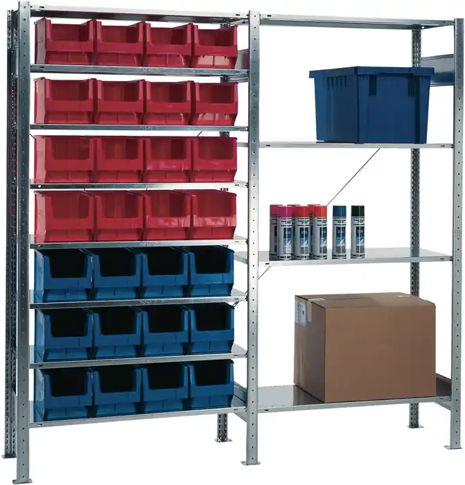 Steckregal H2000xB1000xT400mm Grundregal 8 Stahlböden 12xMK3 blau,16xMK3 rot TW Zertifiziert