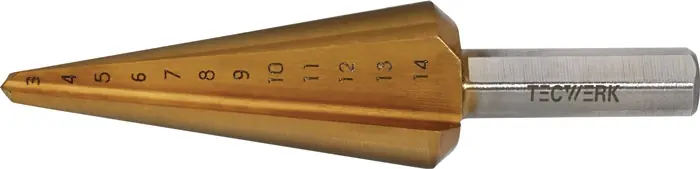 Ausverkauf Blechschälbohrer Bohrber.3-14mm HSS TiN Gesamt-L.58mm Z.2 TECWERK