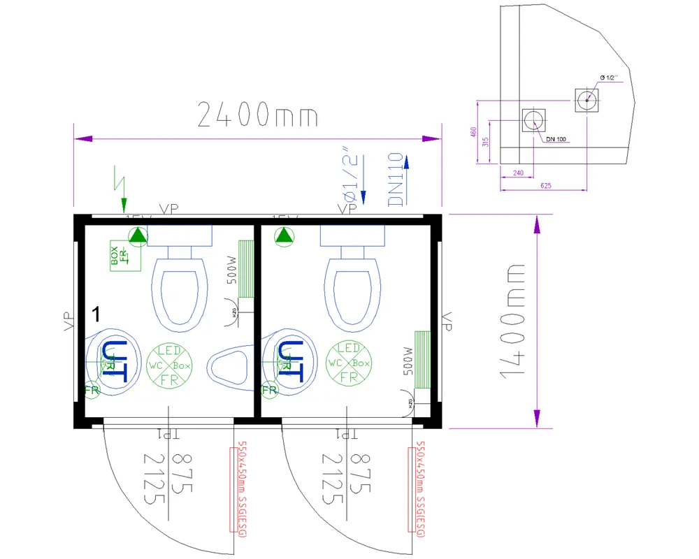 Sofort Bestellen CONTAINEX DUO-Sanitärbox 8' 2.400 x 1.400 x 2.540 mm - inkl. 2x 5l-Untertischspeicher und Urinal