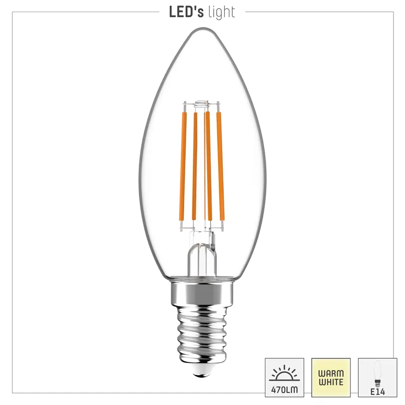 Neue Kollektion Led Filament Leuchtmittel - Kerze C35 E14 4,5W 470lm 2700K Klar 330°