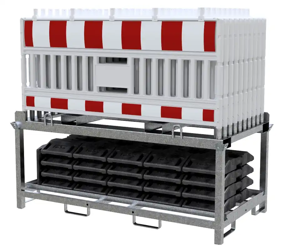 Neu Im Sortiment SET mit 20 Absperrschrankengitter RA2/B und 21 Fußplatten auf Lager- und Transporttraverse