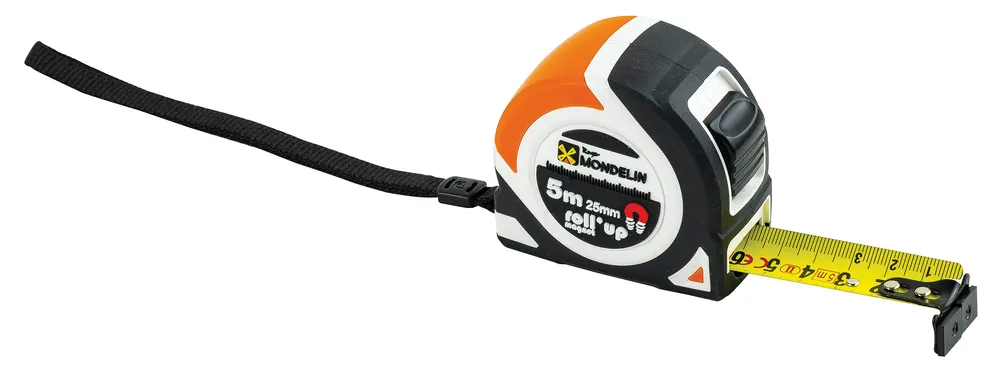 Geprüft MONDELIN Rollmaßband – 5 m x 25 mm – 2-Komponenten-Gehäuse – Stahlband mit Nylonfolie