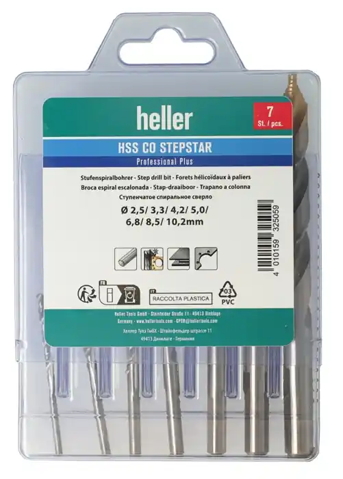 Metallbohrer-Set DIN 338 Stepstar D.2,5-10,2 HSS-Co TiN 7-tlg.Multibox HELLER Begrenztes Angebot