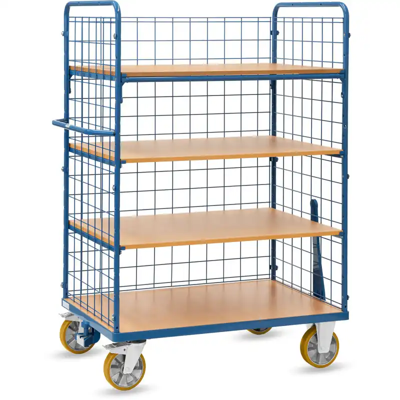 Preisknaller fetra Etagenwagen als Routenzug mit Drahtgitter 4 Etagen und Längswand pulverbeschichtet blau RAL 5007 - Nutzfläche 1200 x 800 mm