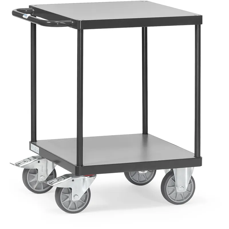 Zertifiziert fetra Schwerer Tischwagen mit 2 quadratischen Ladeflächen aus Holz mit TPE-Bereifung