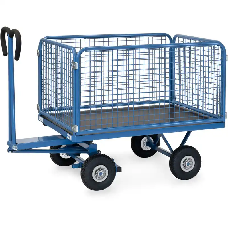 Neuheit fetra Handpritschenwagen pulverbesichtet blau RAL-5007 mit Drahtgitterwänden 600 mm hoch