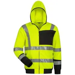 Warnschutzsweatjacke Bernadino - 100 % Polyester - fluoreszierend gelb, schwarz abgesetzt - Größe S-XXL Beliebt