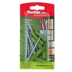 Neue Ware Universaldübel UX GREEN 6 x 35 R S K - mit Rand und Schraube - Bohrernenn-Ø 6 mm - Dübellänge 35 mm - SB-Karte - VE 5 Stück - Preis per VE